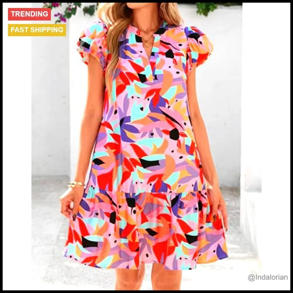 Puffy Sleeve V-Neck Boho Mini Dress Flowy A-Line with Pockets Summer Casual